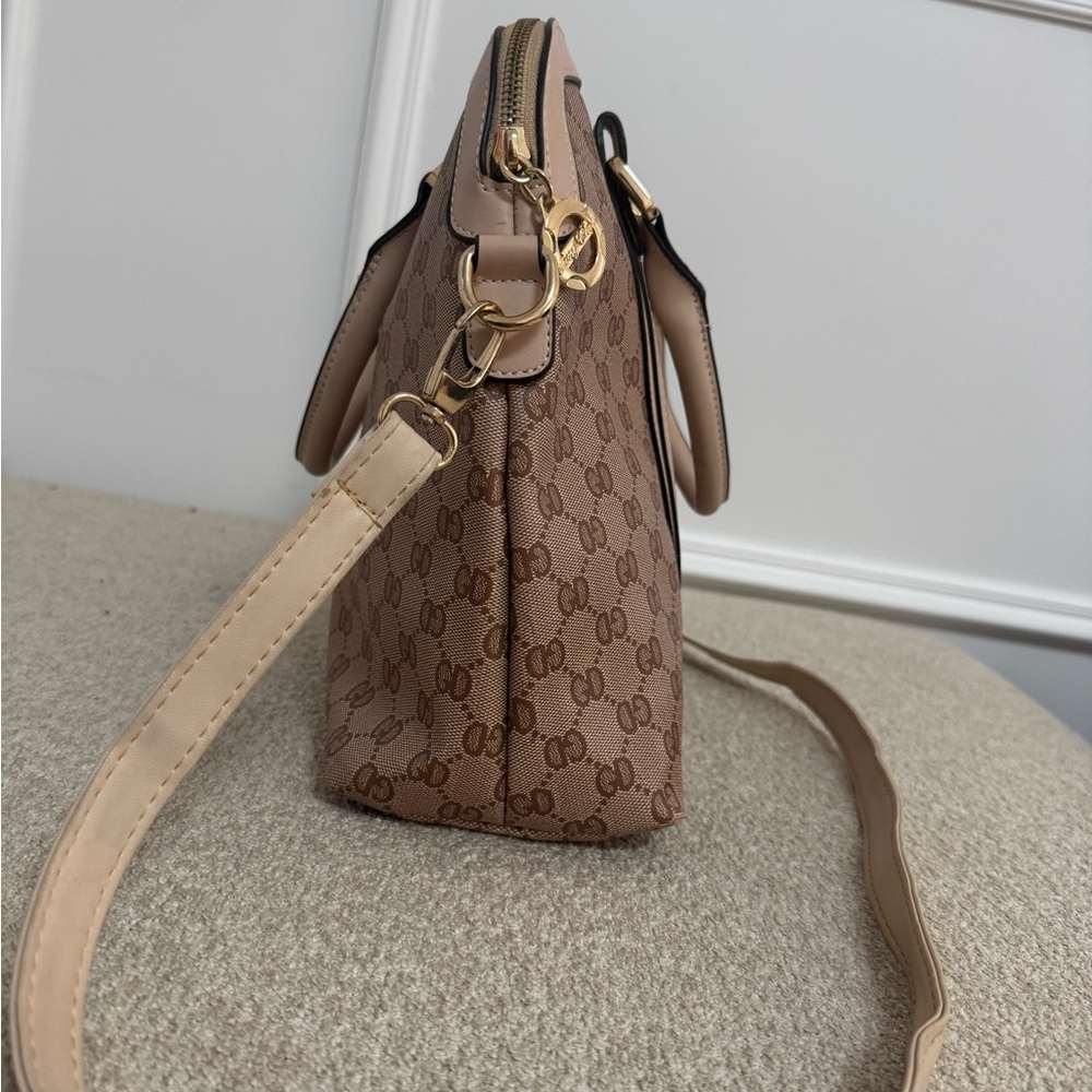 Chic Brown Satchel with Logo Pattern - image 3